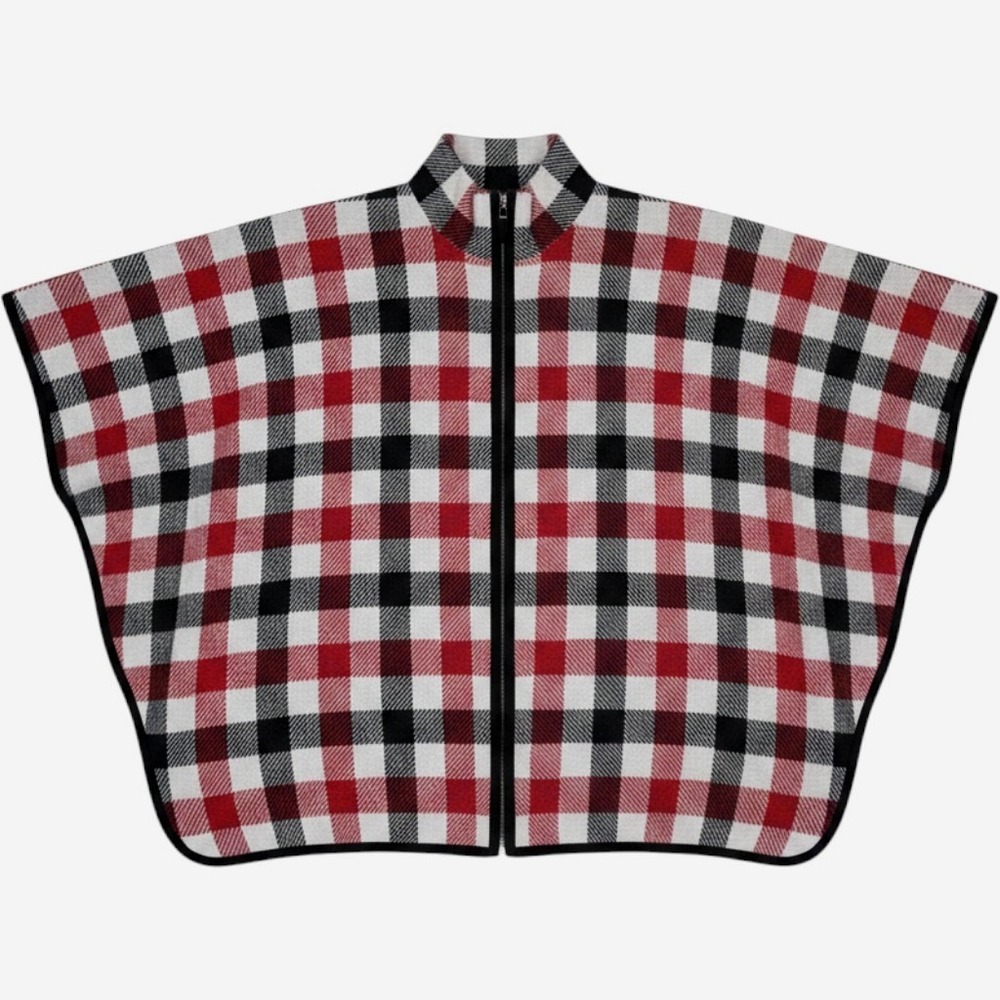 Preswick & Moore Zip Front Poncho Womens Red Plaid Mock Neck Cape Fall Layer S/M